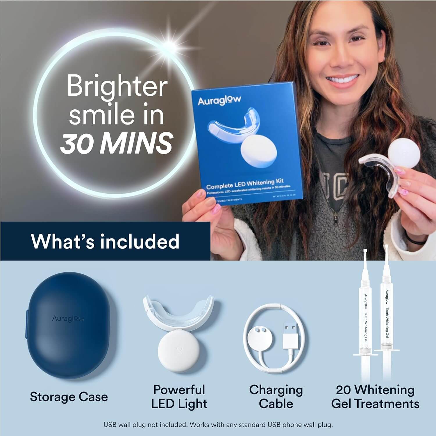 AuraGlow LED mouth tray, charging cable, storage case, and two whitening gel syringes