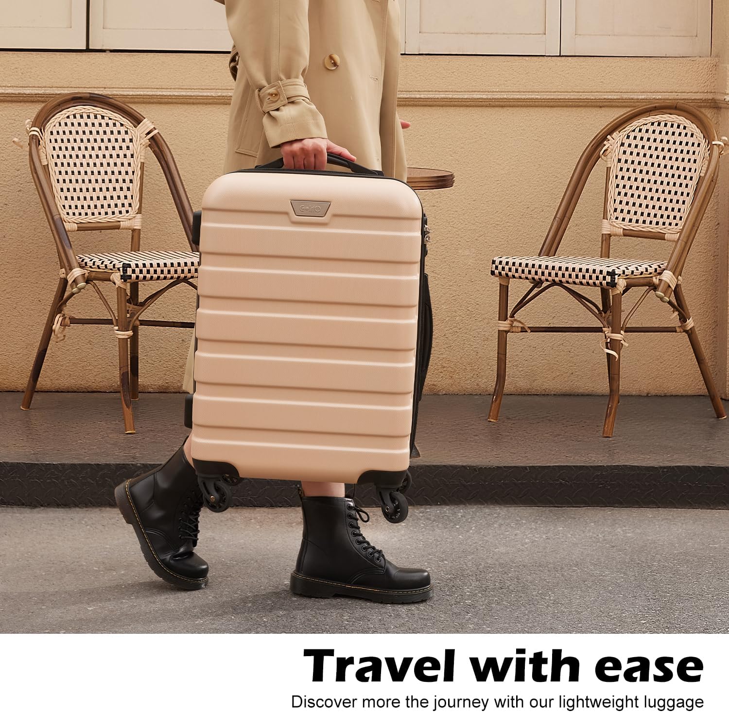 Traveler carrying a neutral-color Coolife hardshell suitcase